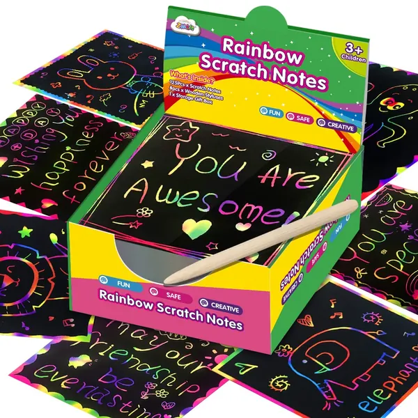 ZMLM Rainbow Scratch Mini Art Notes - 125 Magic Scratch Note Off Paper Pads Cards Sheets for Kids Black Scratch Note Arts Crafts DIY Party Favor Supplies Kit Birthday Game Toy Gifts Box for Girls Boys - 