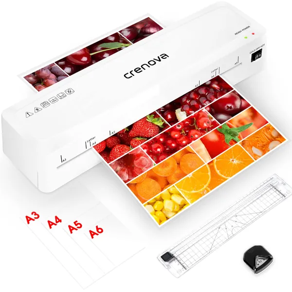 Crenova 13 Inches Laminator, A3 Laminating Machine with 30 Laminating Pouches, 2 Mins Fast Warm-up Thermal Laminator with Paper Trimmer and Corner Rounder for Home Office School - White