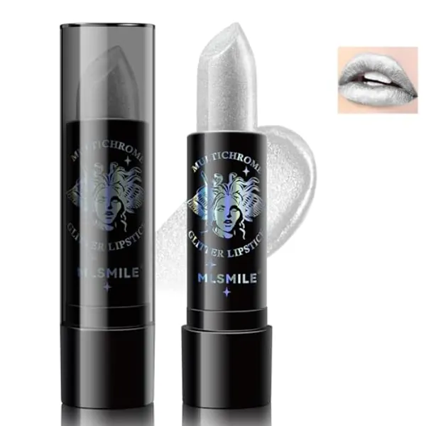NewBang Glitter Lipstick,Metallic Silver Shimmer Diamond Sparkle Tinted Lip Balm Non Stick Cup Sparkling High Impact Lipcolor Longlasting Lipgloss for Women Girls Christmas Halloween Party Gift Makeup - silver