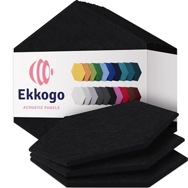 Ekkogo Acoustic Panels 12-Pack Soundproof Wall Panels 14''X13''X0.4'' Sound Panels High Density Sound Dampening Panels - [Deep Black Hexagon]
