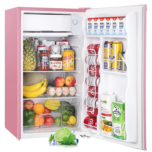 Upstreman 3.2 Cu.Ft Mini Fridge with Freezer, Single Door Mini Fridge, Dorm Fridge, Adjustable Thermostat, Mini Refrigerator for Bedroom, Office, Dorm, Pink-BR321 - Cameo Pink