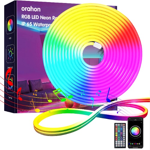 orahon Neon Led Strip Lights 16.4ft/5m RGB Led Neon Lights for Bedroom with Music Sync Waterproof Flex Led Neon Lights led Rope Lights with Remote and App Control for Indoors Outdoors Decor - 