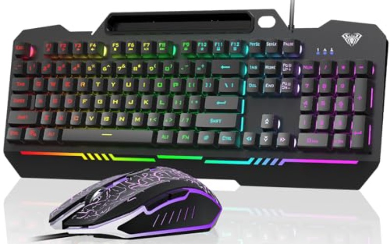 AULA Gaming Keyboard, 104 Keys Gaming Keyboard and Mouse Combo with RGB Backlit, All-Metal Panel, Anti-Ghosting, PC Gaming Keyboard and Mouse, Wired Keyboard Mouse for MAC Xbox PC Gamers (Black) - Black Keycaps + Black Panel