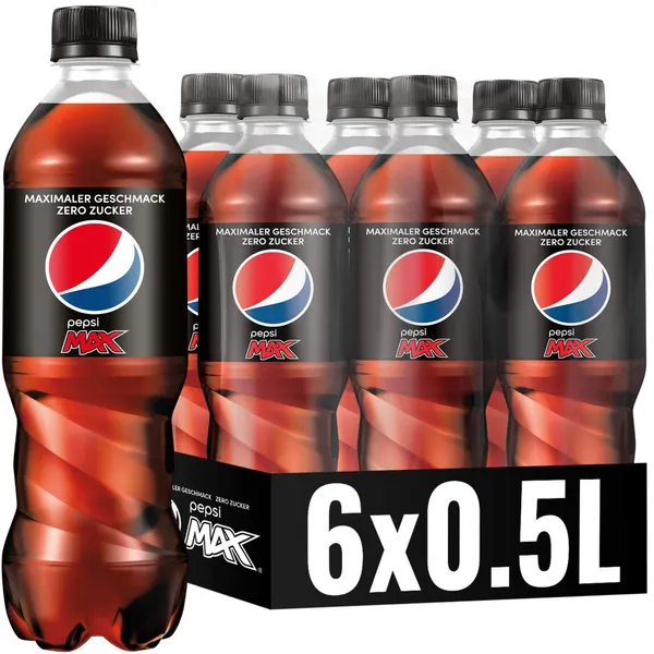 Pepsi Max, Das zuckerfreie Erfrischungsgetränk von Pepsi ohne Kalorien, Koffeinhaltige Cola in Flaschen aus 100% recyceltem Material, EINWEG (6 x 0,5l)