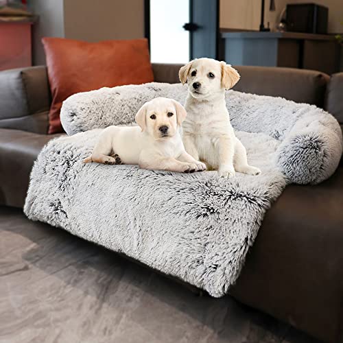 Tinaco Luxurious Calming Bed Mats, Washable Removable Couch Cover, Plush Long Fur Mat for Pets, Waterproof Lining, Perfect for Small, Medium and Large Dogs and Cats (Gradient Gray, L) - 35.4"L x 31.5"W x 5.1"Th - Gradient Gray