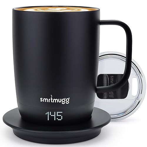 SMRTMUGG PRO Heated Coffee Mug 14 oz., 4 Hour Batter Life, Self-Heating, Adjustable Temperature Controlled, LCD Screen, One Button Temperature Adjustment, Includes Cover with Magnetic Slider (Black) - Black