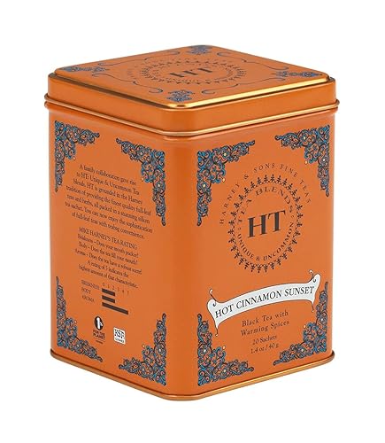 Harney & Sons Caffeinated Hot Cinnamon Sunset Black Tea with Orange and Cloves Tin 20 Sachets (Pack of 1) - Hot Cinnamon Sunset - 20 Count (Pack of 1)