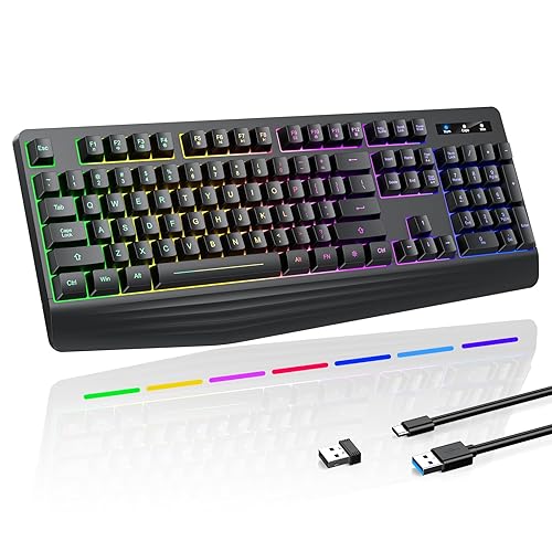 Wireless Gaming Keyboard, RGB & Single-Color Backlit, Full-Size Waterproof Computer Keyboard, Silent Keys, Wrist Rest, Sleep Mode, Rechargeable 2.4G Wireless Keyboard for Windows, Mac, PC, Laptop - Carbon Black
