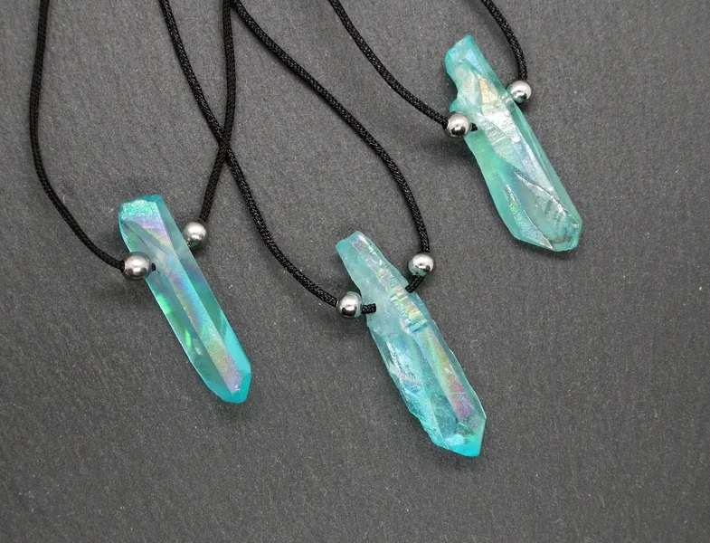 Aqua Aura point necklace, Quartz crystal unisex pendant, Minimal accessories, Gift for him or her, Men jewelry