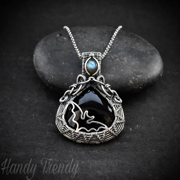 Bat pendant, Black onyx and blue labradorite necklace, 925 sterling silver wire wrapped jewelry, Unique handmade gifts, Witch theme jewelry