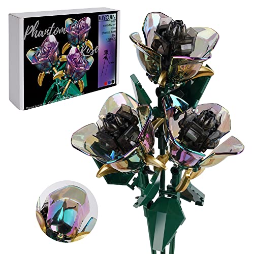 KIYOJIN Rose Flower Bouquet Building Set,Botanical Collection Cute Rainbow Artificial Plant,Legos Compatible Gift for Adult Her/Mom/Women/Girl,Creative Project Home Decor(52034 Phantom Black 120pcs) - 3 Phantom Black Roses