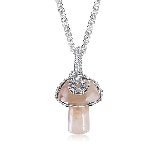 Tsnamer Mushroom Crystal Necklace Wire Wrapped Crystal Mushroom Pendant Necklace for Women Jewelry Gifts - Flower Agate