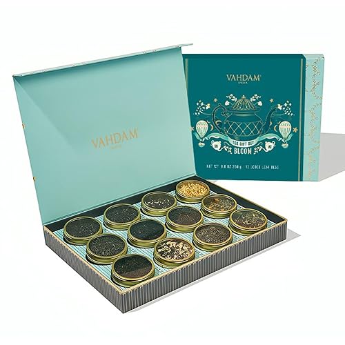 VAHDAM, BLOOM - Assorted Tea Gift Sets, 12 Teas Luxury Gift Box | 100% Natural Ingredients - Green Tea, Chai Tea, Herbal Tea, Black Tea | Premium Tea Gift Sets | Gifts for Women & Men