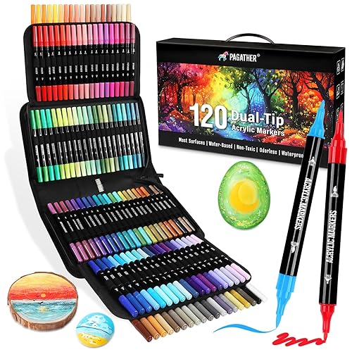 120 Colors Acrylic Paint Markers, Dual Tip Fine and Brush Tips Pens Contain 24 Metallic Color for Stone, Wood, Calligraphy, Canvas, Ceramic, Metal, Glass, Rock Painting, DIY Crafts Art Supplies Kit - 120 Colors