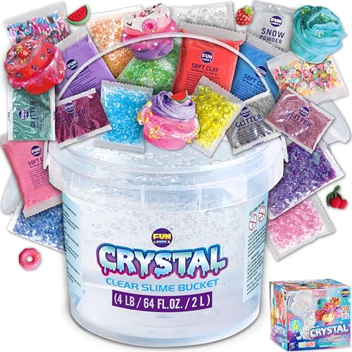 4 LB Huge Glassy Clear Slime Bucket Toy for Kids, FunKidz 64 FL OZ Premade Big Crystal Slime Pack Gift with 29 Sets Add-ins Jumbo Slime Kit for Girls Boys Party Present