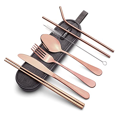 Portable Stainless Steel Flatware Set, Travel Camping Cutlery Set, Portable Utensil Travel Silverware Dinnerware Set with a Waterproof Case (Rose Gold) - Rose Gold