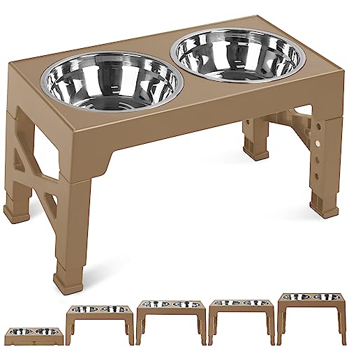 Elevated Dog Bowls, 5 Adjustable Heights Raised Dog Bowl Stand with Double Stainless Steel Dog Food Bowls, Adjusts to Heights 3.2", 8.7", 9.8", 11", 12.2" for Small Medium Large Pets Dogs and Cats - Champagne