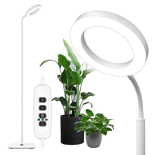 MistyJungle Grow Light for Indoor Plants, Floor Full Spectrum Plant Light with Stand, Large Growing Lamps with Automatic Timer, 60 Inch Height Adjustable,10 Level Dimmable, Silver Halo Growth Lamp - White