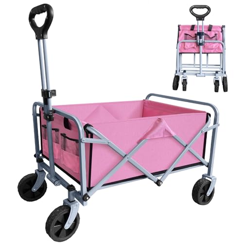 YeeCASE Collapsible Folding Wagon Cart, Portable Large Capacity Camping Wagon, All Terrain Foldable Wagon, Heavy Duty Utility Wagon Cart for Grocery Outdoor Beach Gardening Shopping Fishing (Pink) - Pink