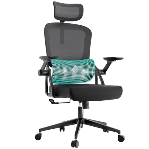 LaoJawBow Ergonomic Office Chair - 500LB Comfy Desk Chairs with Headrest and Lumbar Back Support, Heavy Duty Mesh Computer Chairs with Wheels and Arms for Home Office, Study, Bedroom and College Dorm - Black (Headrest)