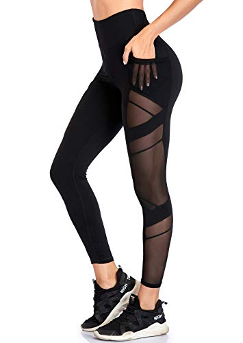 WE CUFFLLE Women's Mesh High Waist Leggings Yoga Pants with Pockets Tummy Control 4 Way Stretch Workout Yoga Leggings - Black - Large