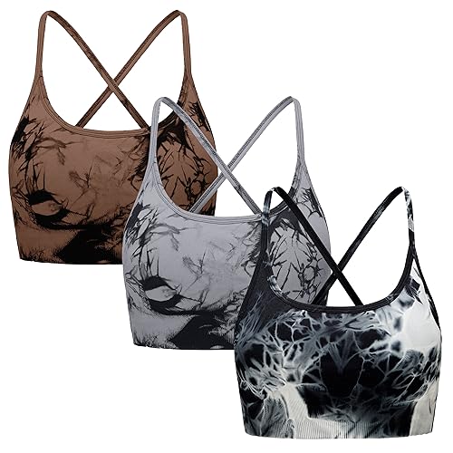 OVESPORT 3 Piece Women's Workout Sports Bras Seamless Tie-dye Strappy Gym Yoga Crop Bra - Large - Black/Brown/Gray