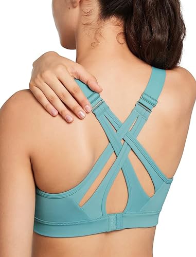 Yvette Sports Bra High Impact Adjustable Criss Cross Back, Full Support for Large Bust No Bounce - Sky Blue - Large