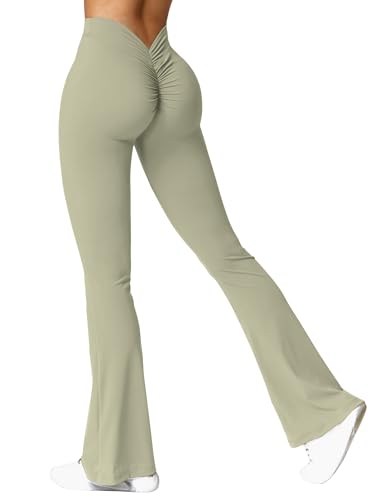 YEOREO Scrunch Flare Leggings Daze V Back Butt Lifting Wide Leg High Waist 31.5" Gym Workout Yoga Pants - Large - Green