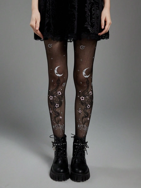 ROMWE Goth 1pair Women Letter Snake & Floral Lace Fashion Tights