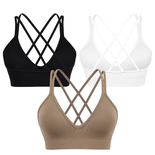 VEQKING Strappy Women Sports Bra V-Neck Criss Cross Back Padded Yoga Bra Seamless Workout Bras Spaghetti Strap Bralettes - Medium - 3pack(black+white+brown)
