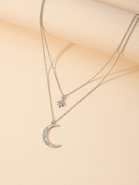 Rhinestone Moon Charm Layered Necklace