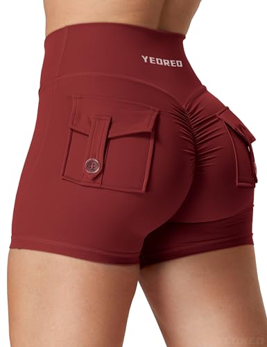 YEOREO Scrunch Workout Shorts with Pockets Charm Gym Biker Shorts for Women High Waisted Yoga Booty Shorts - Large - Deep Burgundy