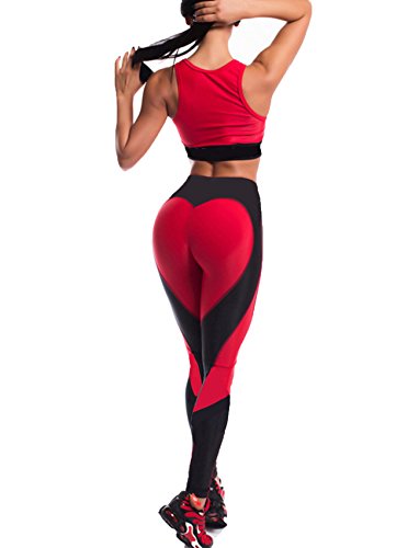 SEASUM Women Yoga Pants Heart Shape Patchwork Leggings High Waist Capris Workout Sport Fitness Gym Tights - Large - #1 Black-red