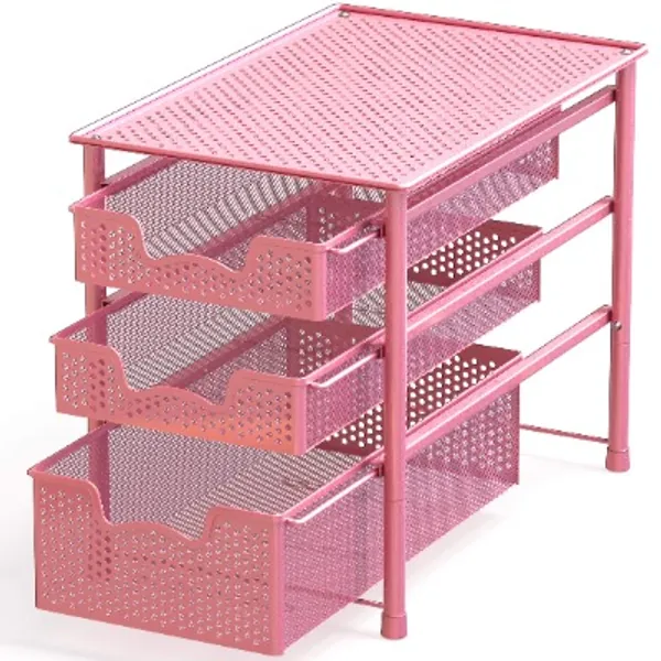 Simple Houseware Stackable 3 Tier Sliding Basket Organizer Drawer, Pink