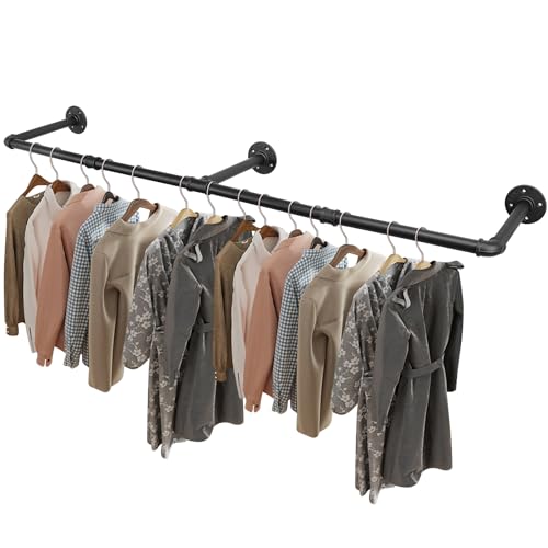 Livabber Industrial Pipe Clothes Rack, Heavy Duty Detachable Iron Garment Rack Wall Mounted, Rustic Saving Space Clothes Bar Multi-Purpose Hanging Rod for Bedroom, Closet, Black (64 Inch) - 64 Inch