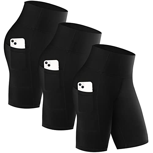 GAYHAY 3 Pack Biker Shorts with Pockets for Women - 8" High Waist Biker Shorts for Workout Yoga Running Gym - 8 inch - Black/Black/Black With Pockets