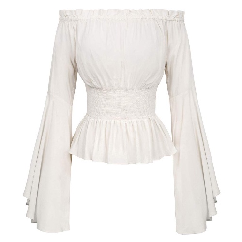 LOLOVI WANMEI Camicetta da donna gotica rinascimentale con maniche svasate, con volant e spalle scoperte, corsetto medievale vittoriano Cosplay Costume da pirata, bianco, S