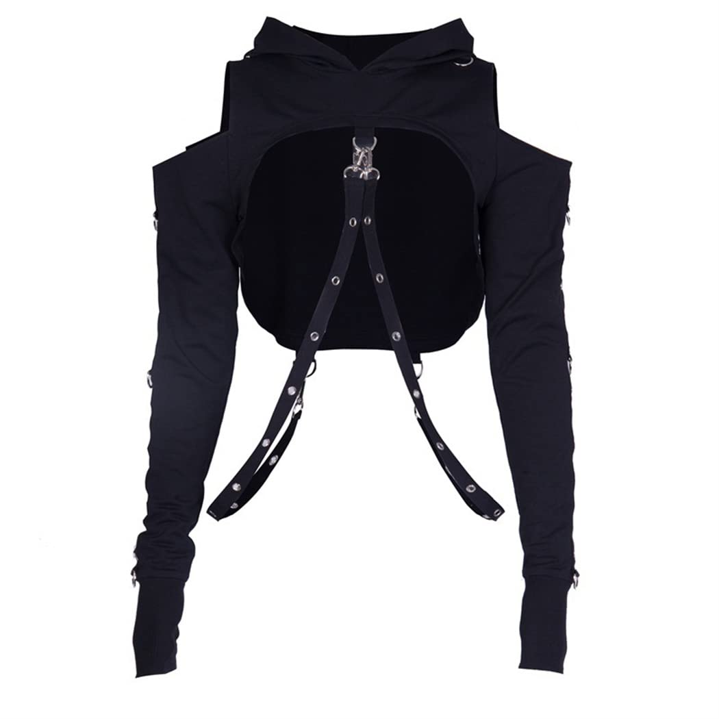 Goth Crop Top Hoodies For Women Hoodie Aesthetic Punk Black Sweatshirt Rave Outfit Emo Teen Girls Long Sleeve - Black Hollow Out Hoodie Small