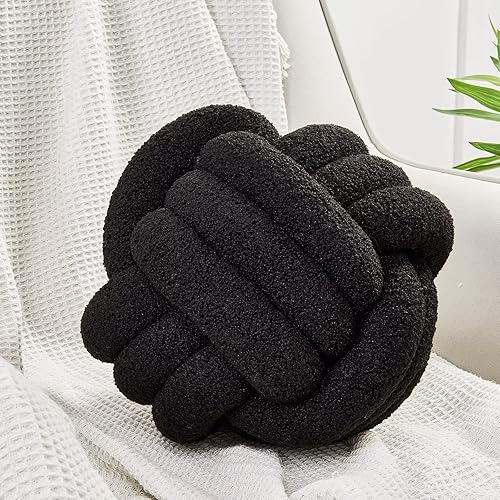 Uvvyui Knot Pillow Ball, Soft Home Decorative Pillows, Round Throw Pillow, Handmade Knotted Plush Pillow, Round Boucle Pillow Cushion (14 Inches Black) - Black - Large (Pack of 1)