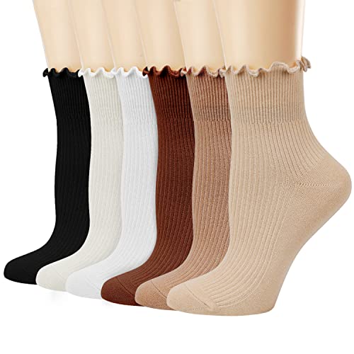 Mcool Mary Women's Ruffle Socks,Casual Cute Ankle Socks Breathable Knit Cotton Warm Soft Frilly Crew Socks for Women 6 Pack - 9-11 - 6colors(apricot+light Brown+brown+white+milky White+black)