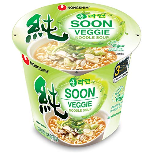 Nongshim Soon Instant Vegan Ramen Noodle Soup Cup, 6 Pack, Microwaveable Safe Cup, Vegan Meatless Ramen - Veggie