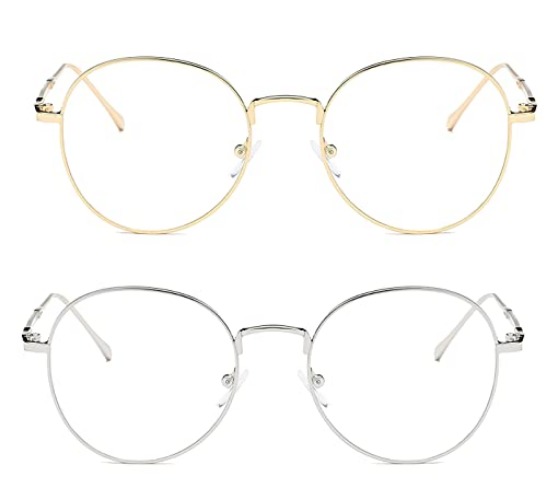 Blue Light Blocking Glasses Women Vintage Metal Round Rim Frame Retro Eyeglasses Women Men - (2pack)gold/Silver