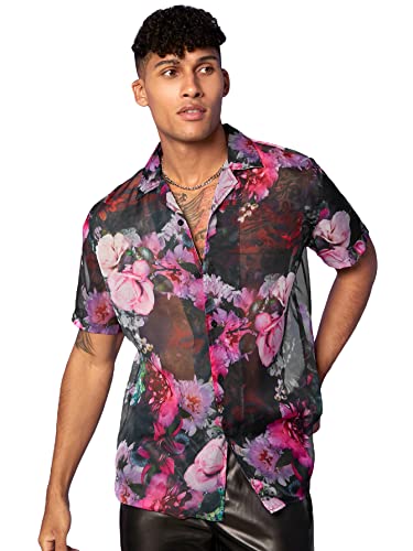 WDIRARA Men's Floral Print Sheer Mesh Short Sleeve Top T Shirt Notched V Neck Tee - XX-Large - Floral Black