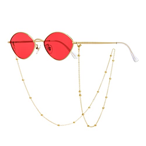 Veda Tinda Oval Sunglasses, Polarized 90s Retro Vintage Trendy Women Sunglasses with Chain Y2k Accessories UV400 C15 - Red Lens