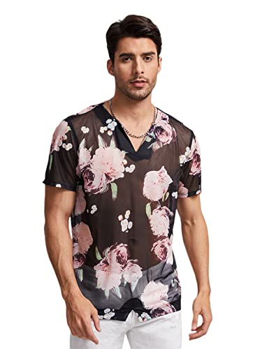 WDIRARA Men's Floral Print Sheer Mesh Short Sleeve Top T Shirt Notched V Neck Tee - XX-Large - Black