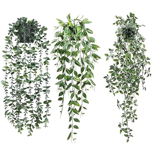 TOTOGA Artificial Hanging Plants 3 Pack Fake Potted Plants for Wall Home Room Office Indoor Decor - 3