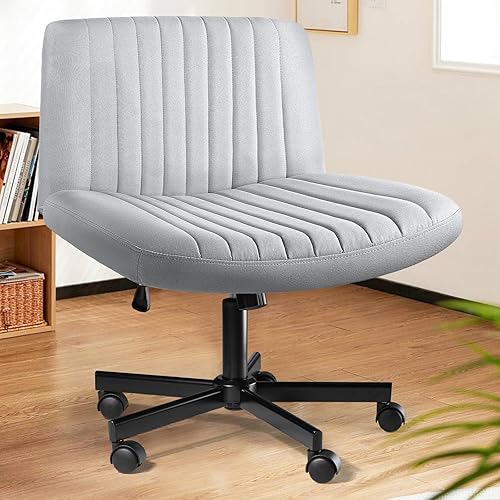 LEMBERI Criss Corss Chair with Wheels,Fabric Padded Armless Wide Office Desk Chairs,120° Rocking Swivel Mid Back Computer Task Vanity Chair for Home Office, Small Space - Grey - With Wheels