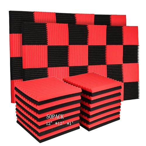 Burdurry 50 Pack Acoustic Panels Soundproof Studio Foam for Walls Sound Absorbing Panels Sound Insulation Panels Wedge for Home Studio Ceiling, 1" X 12" X 12" (50PCS, Black&Red) - 50Pack Black&Red