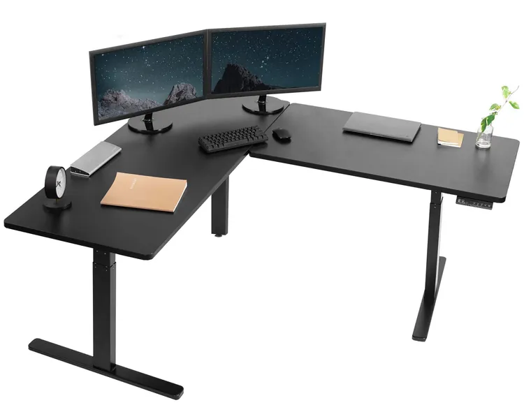VIVO Electric Height Adjustable 67 x 60 inch Corner Stand Up Desk, 2 Black Solid Table Tops, Black Frame, L-Shaped Standing Workstation, DESK-KIT-3E6B