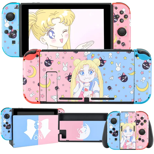 DLseego Switch Skin Sticker Pretty Pattern Full Wrap Skin Protective Film Sticker Compatible with Switch-Blue and Pink Sailor Moon